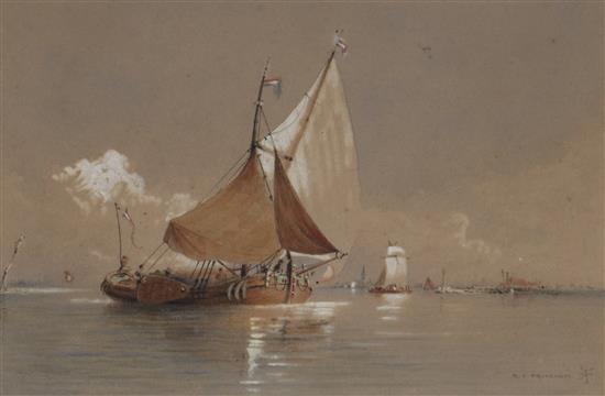 Robert Taylor Pritchett, pair of watercolours, fishing boats off of Venice, signed, 6.5 x 9.75in.